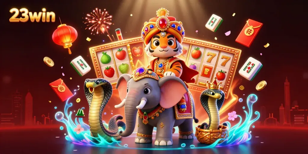 Experience the thrill of 23win with a vibrant 3D casino scene featuring a grand tiger and golden elements.