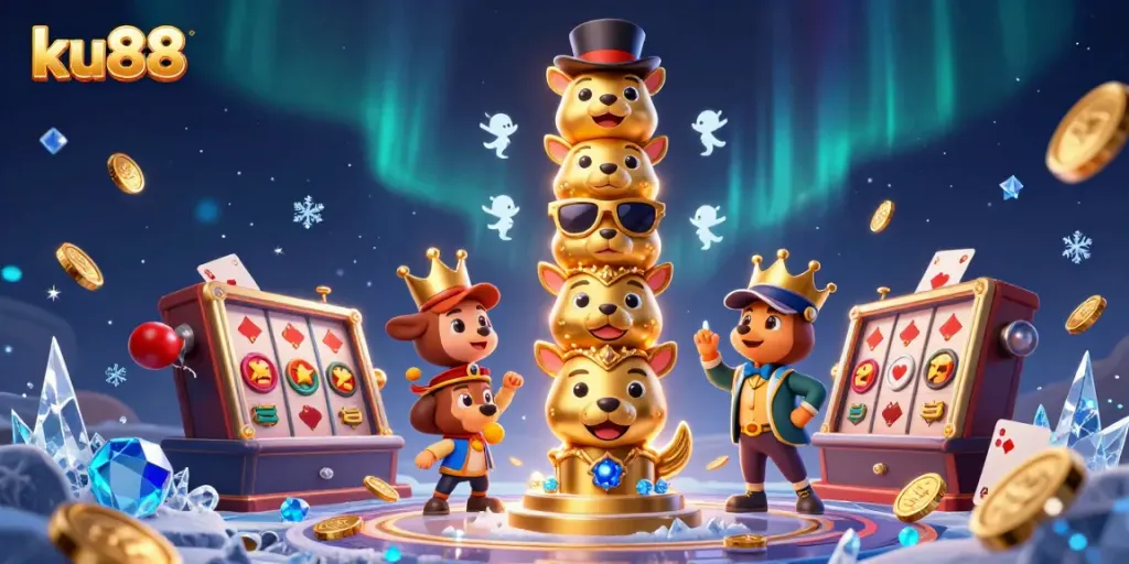 Engage with ku88 gaming through vibrant casino elements and characters in this immersive illustration.