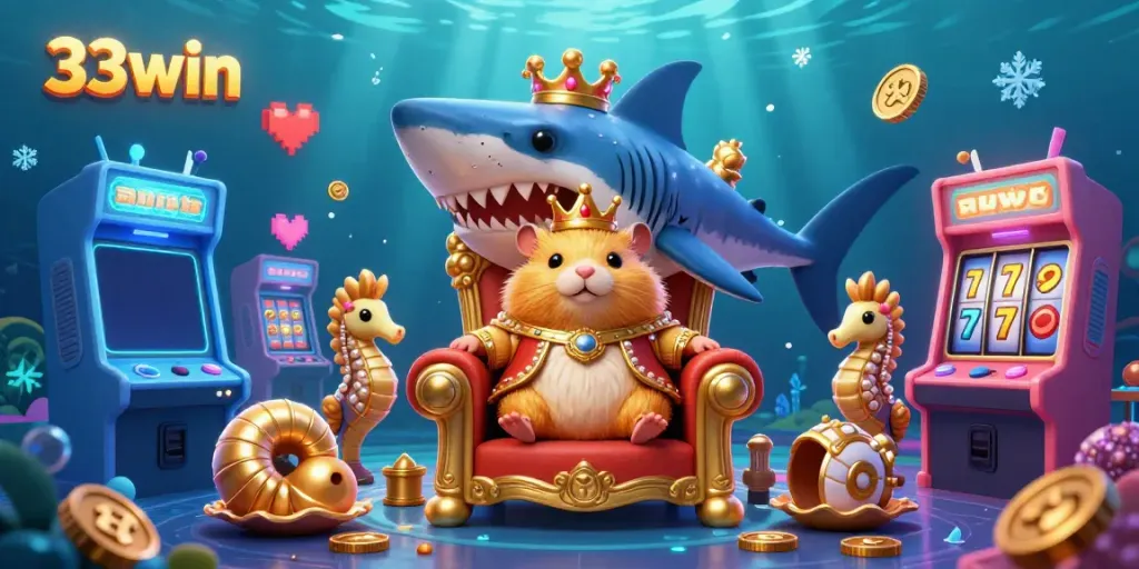 Experience the vibrant casino world of 33win with a cartoon hamster king on a megalodon throne.