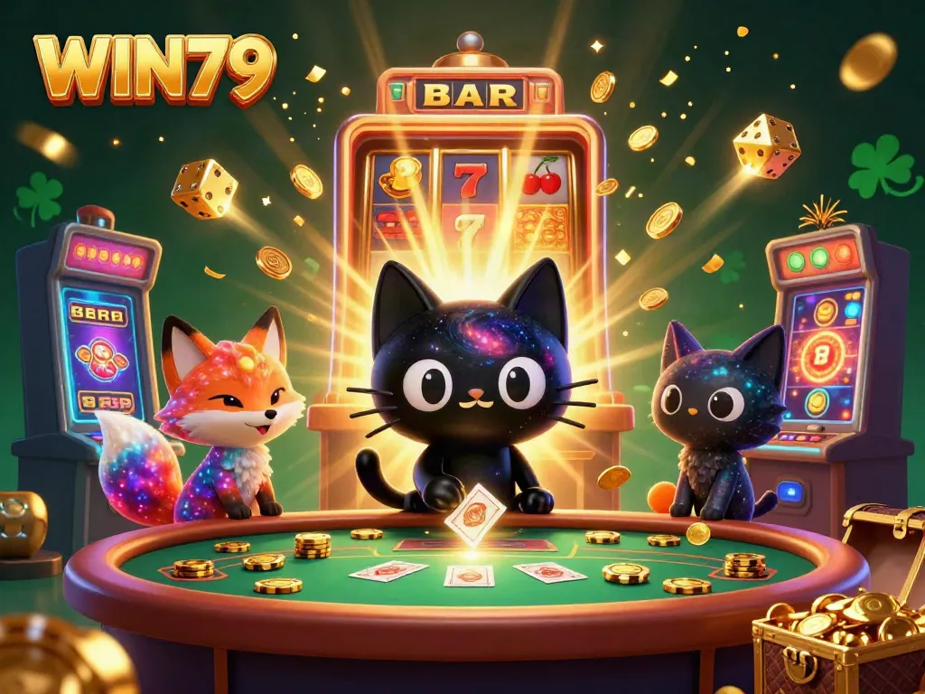 Experience the excitement of WIN79 with a cosmic casino featuring vibrant characters and jackpot elements.