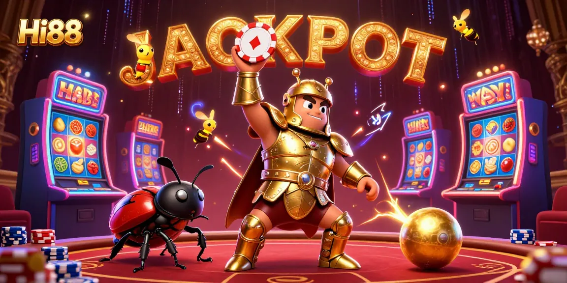 Join Hi88's excitement with a victorious beetle in armor lifting a poker chip amidst vibrant casino elements.
