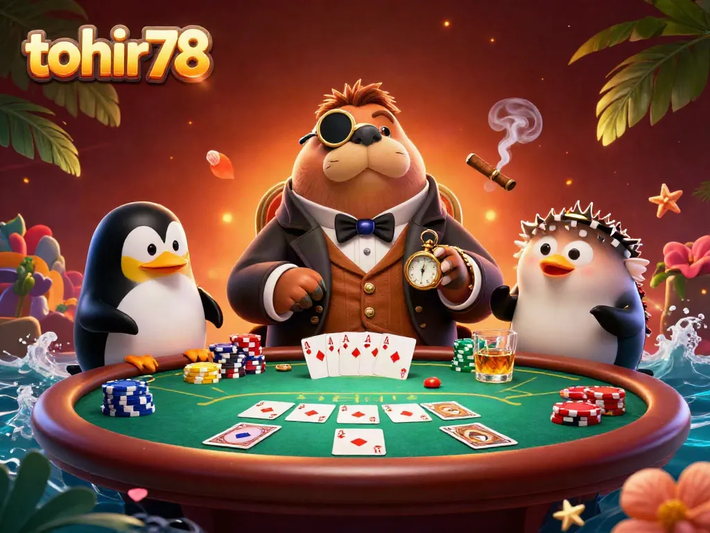 Engage with tohir78's underwater poker scene featuring a walrus, a penguin dealer, and a bluffing pufferfish.