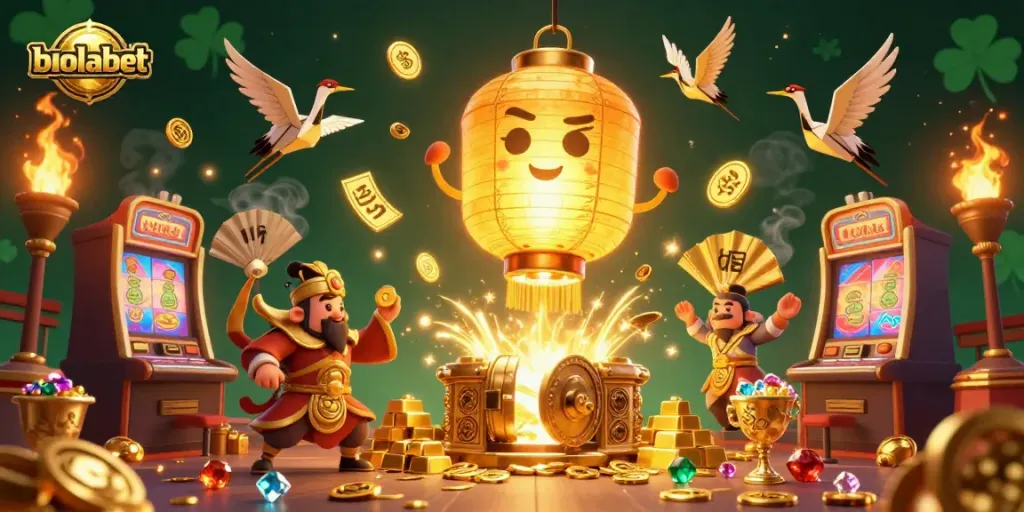 Experience the thrill of biolabet with a bustling casino scene filled with golden treasures and lucky symbols.