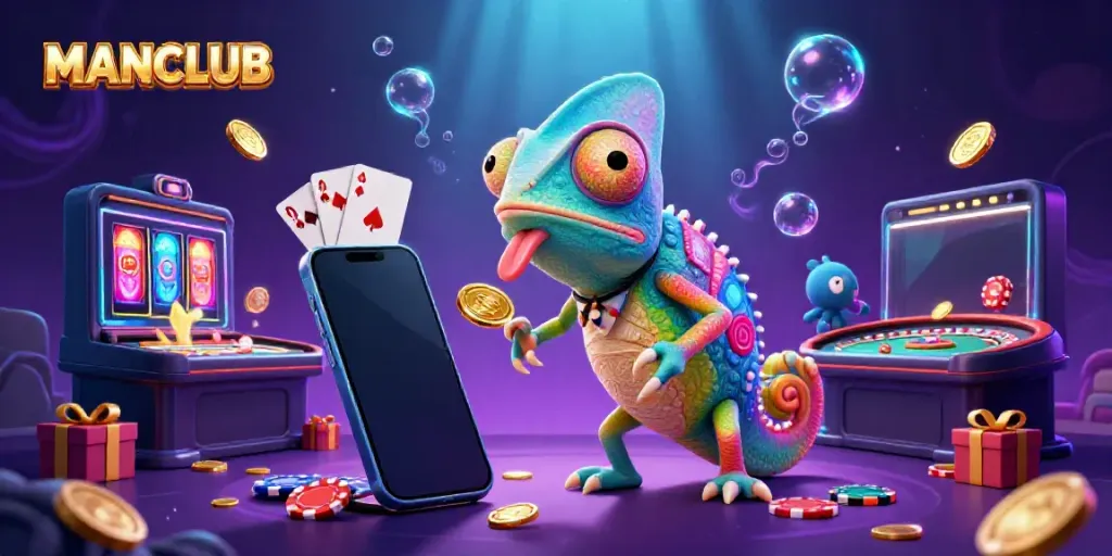 Engage with the vibrant MANCLUB casino scene featuring a colorful chameleon owner and exciting gaming elements.