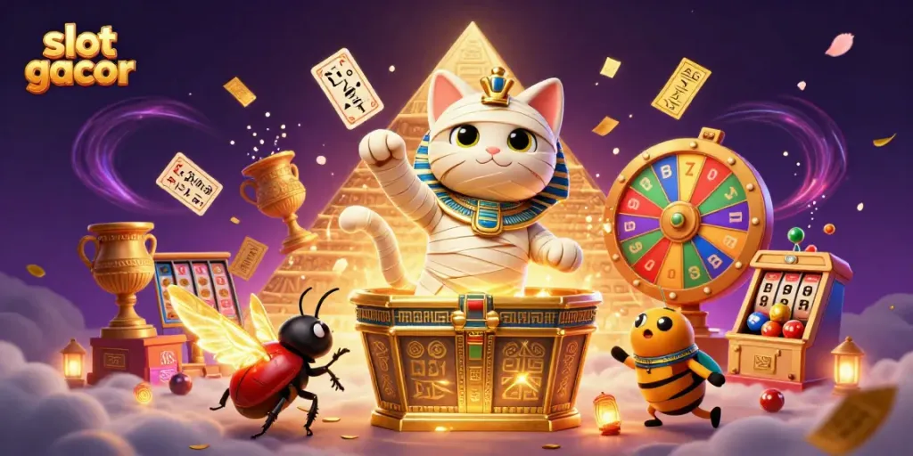 Experience the excitement of slot gacor with vibrant reels and playful characters in a mystical casino.