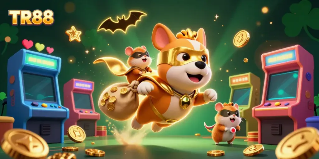 Win with TR88 in a dynamic casino scene featuring a heroic dog and sidekick!