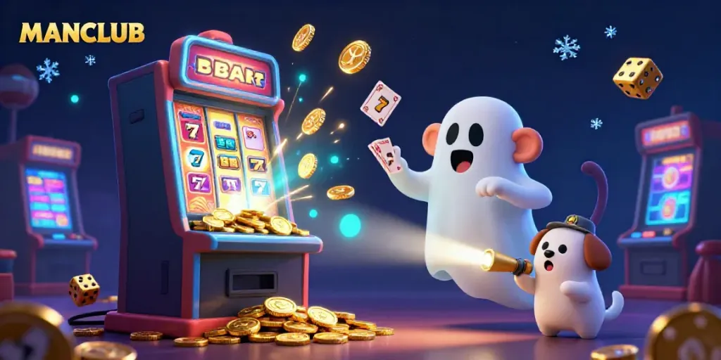 Experience the thrill of gambling at MANCLUB with a playful monkey juggling golden casino coins.
