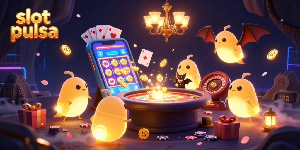 Engage with slot pulsa mechanics while encountering vibrant elements in a lively casino scene.