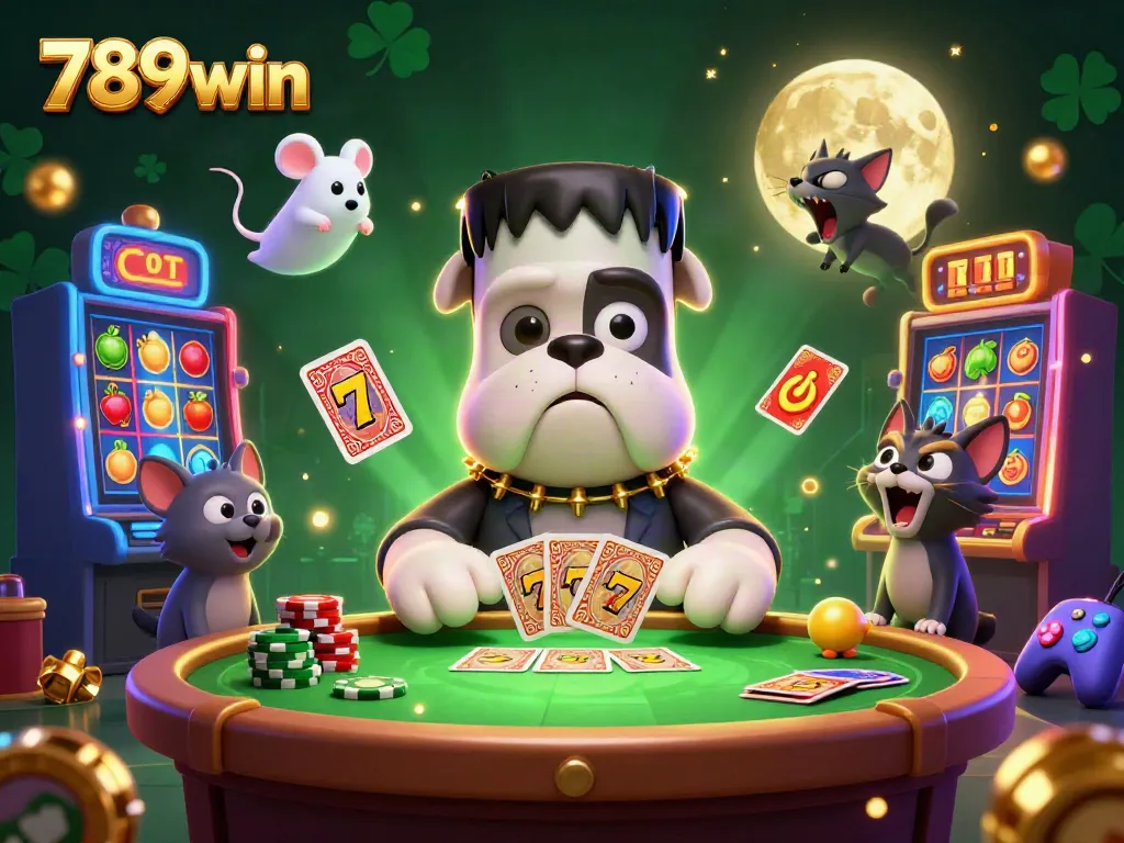 Engage in thrilling card play at 789win's spooky casino with vibrant characters and dynamic slot machines.