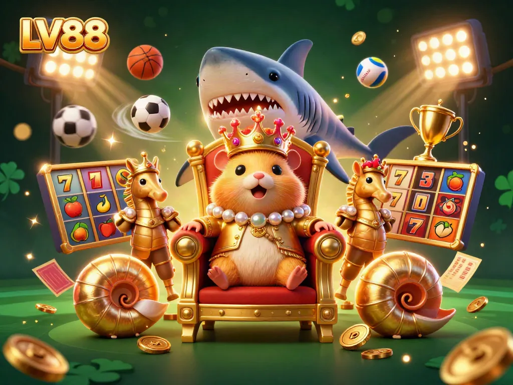 Experience thrilling gaming at LV88 with a golden hamster king and vibrant illustrations of casino fun.