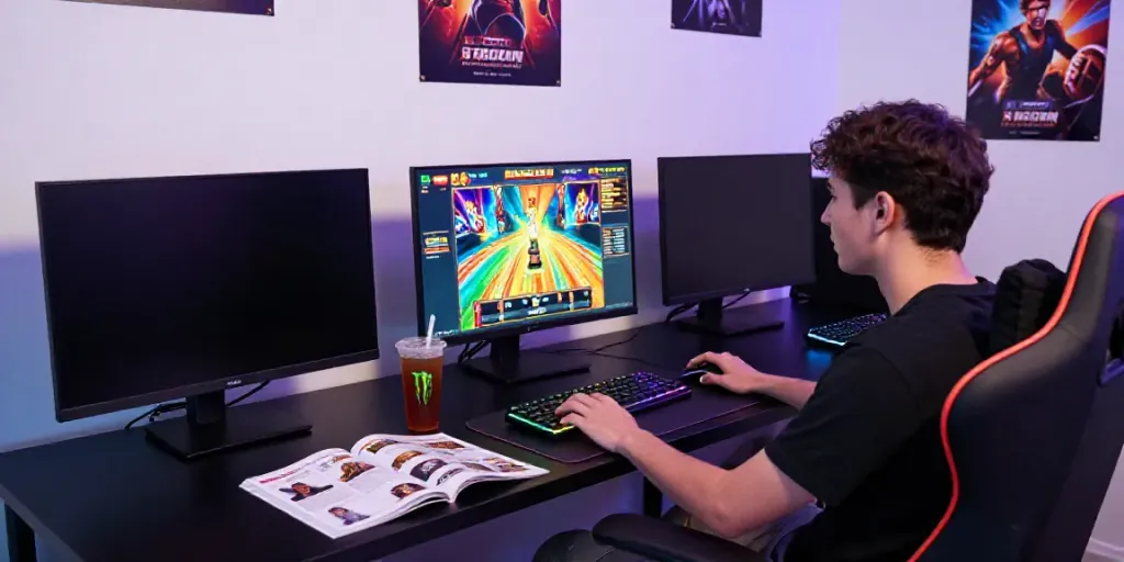 Gamer asyik bermain slot gacor dengan layar penuh warna dan aksesori gaming modern.