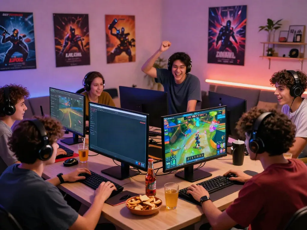 Friends enjoying a gaming session together on kilat404 platform, showcasing vibrant graphics and social atmosphere.
