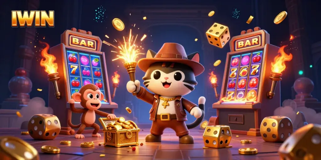IWIN's vibrant casino scene with an adventurer cat and a monkey, revealing a golden jackpot artifact.
