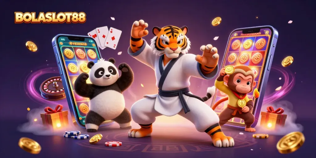 BOLASLOT88 brings excitement with a kung fu tiger and panda in a dynamic slot game scene.