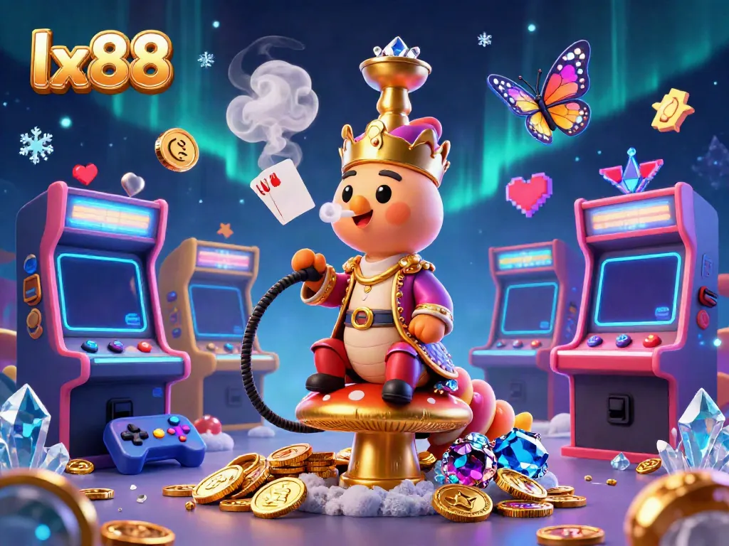 Experience exciting gaming at lx88 with a vibrant 3D illustration showcasing a unique casino atmosphere filled with colorful game elements.