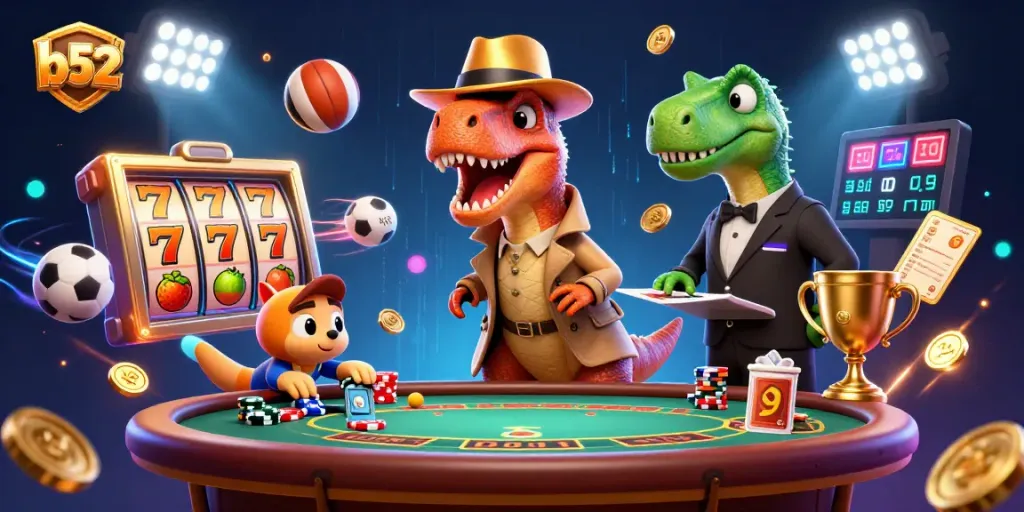 Watch a mischievous velociraptor card counter blend in at a blackjack table in this vibrant b52 casino scene.