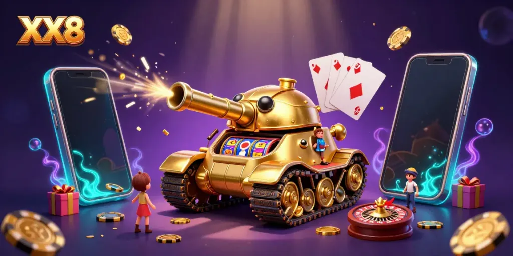 Engage in thrilling gameplay with XX8's dynamic casino scene featuring a golden beetle tank.