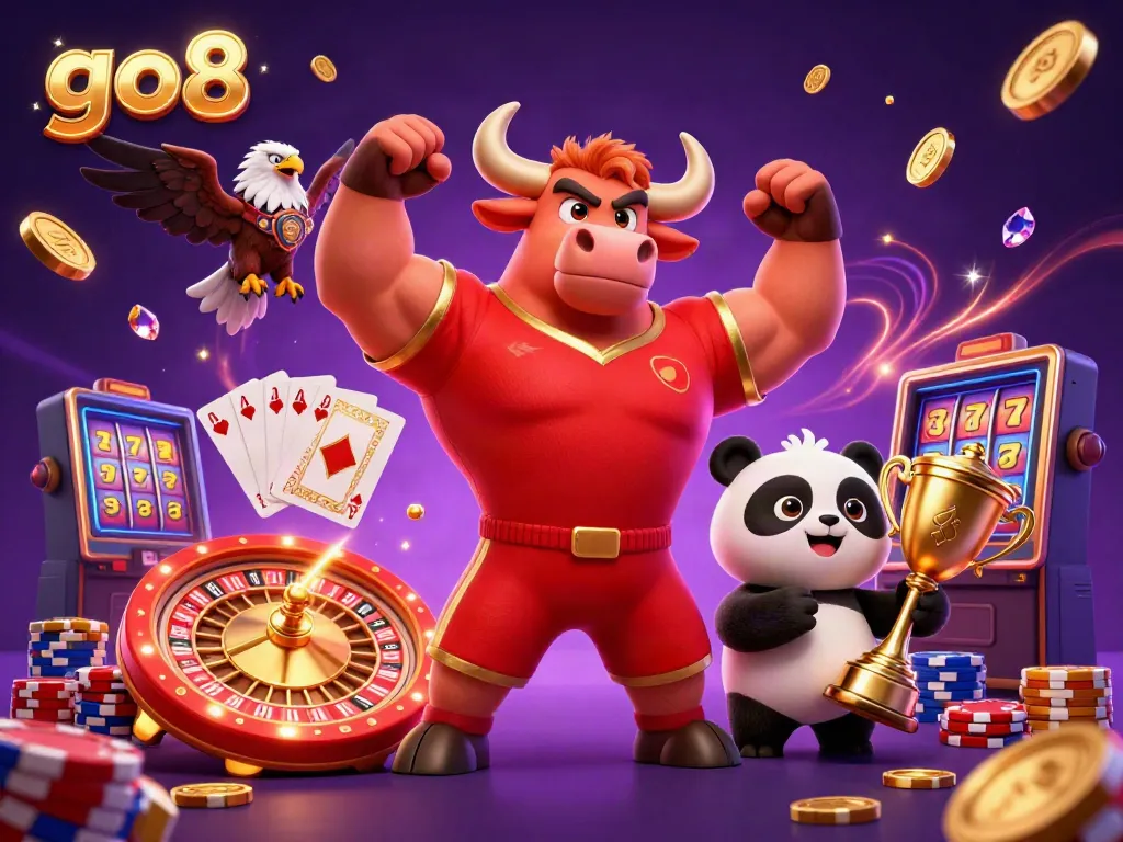 Experience the thrill of go8 gaming with animated characters celebrating amidst cascading coins and vibrant casino elements.