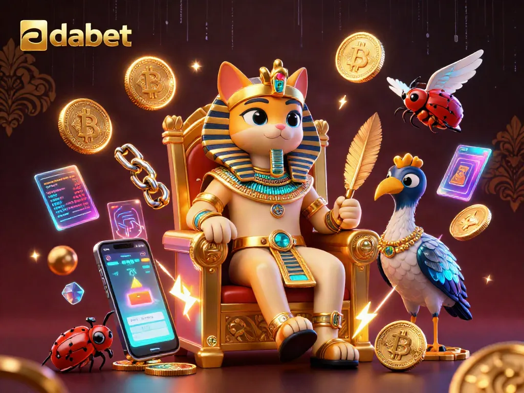 Dabet players winning big with vibrant 3D scenes of pharaoh cat and crypto elements in a thrilling casino.
