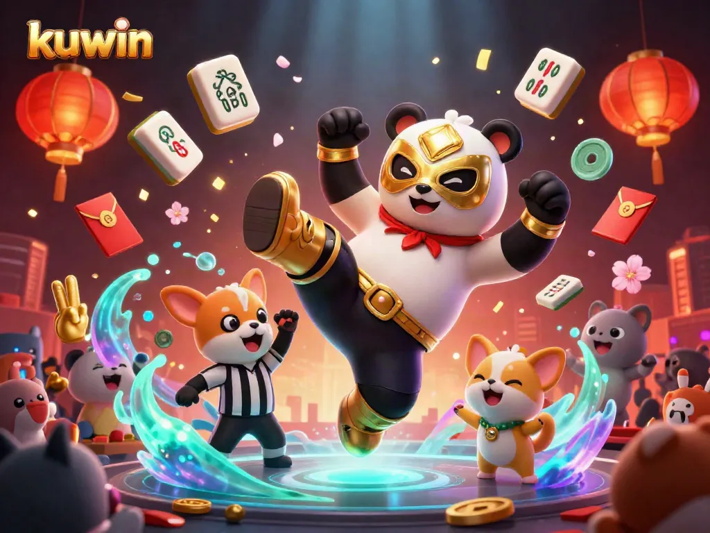 Kuwin's online gaming excitement features a panda wrestler and cheering crowd in vibrant casino theme.