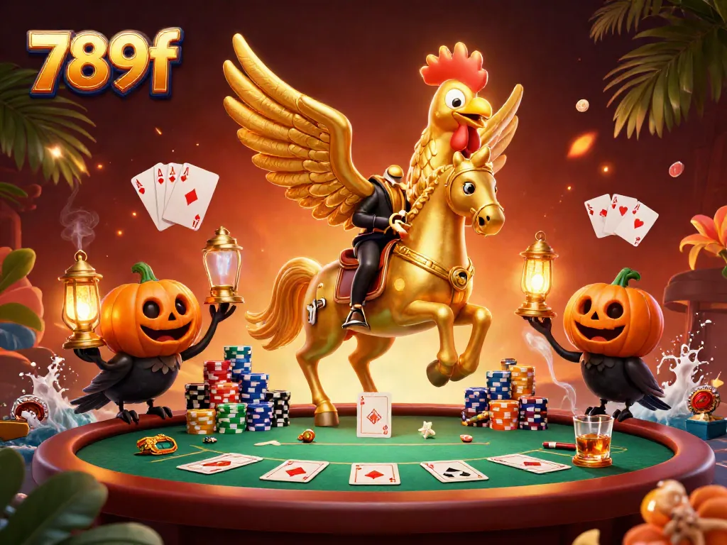 Experience thrilling gaming at 789f with the golden rooster navigating a vibrant casino atmosphere.