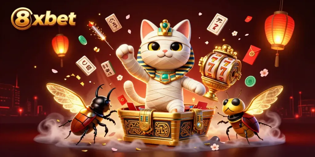 Win big at 8xbet with the energetic Egyptian mummy cat and vivid casino elements.