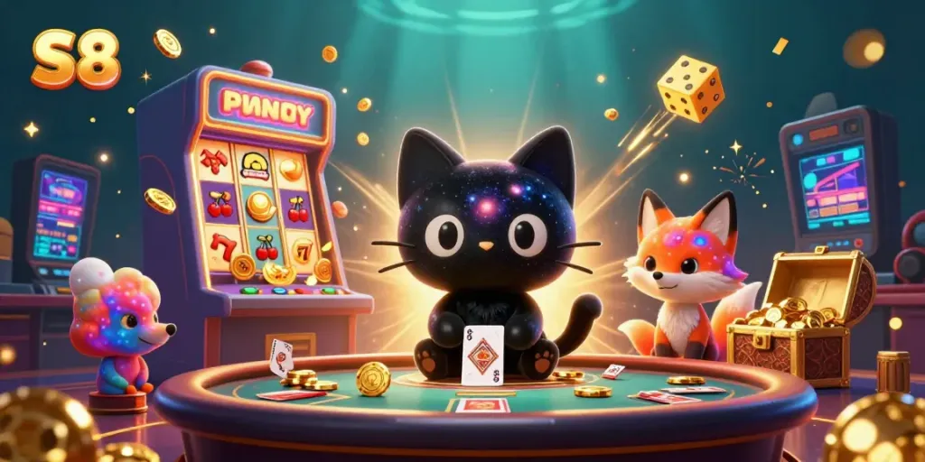Engage with S8's cosmic casino universe featuring a black hole cat and colorful nebula fox.