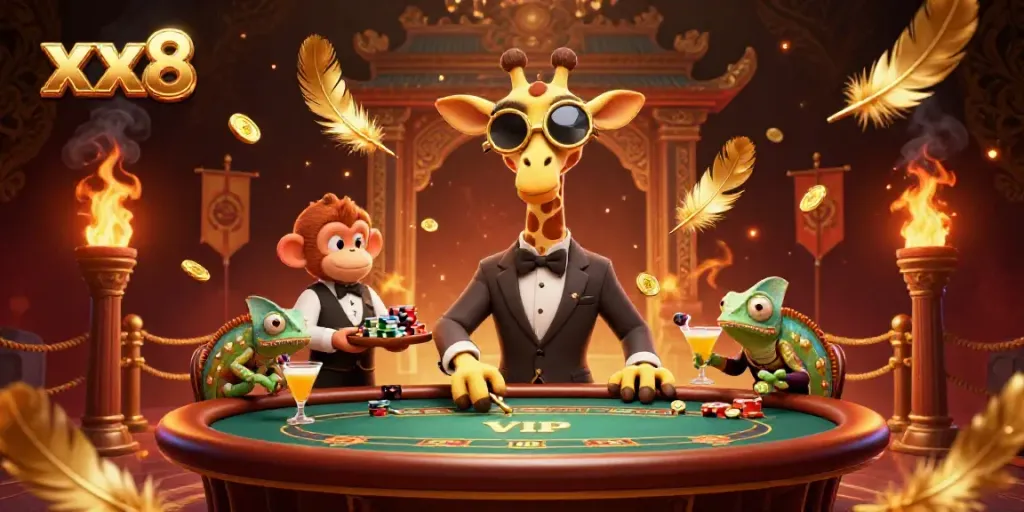 Engage in thrilling enjoyment at xx8 with a high-roller giraffe and monkey valet amidst a vibrant casino scene.
