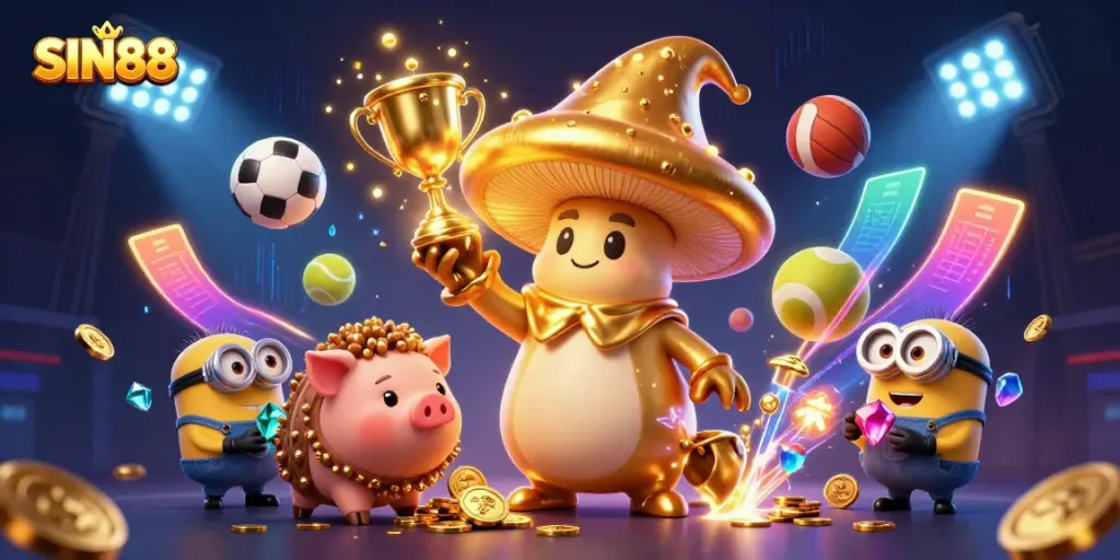 SIN88 offers a vibrant scene depicting a magical golden mushroom wizard and friends in a dynamic sports betting environment.