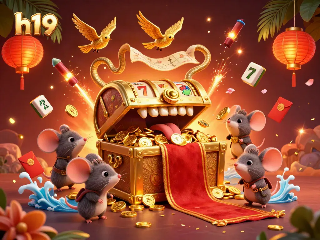Engage in thrilling slots at h19 with a golden treasure chest and vibrant casino elements
