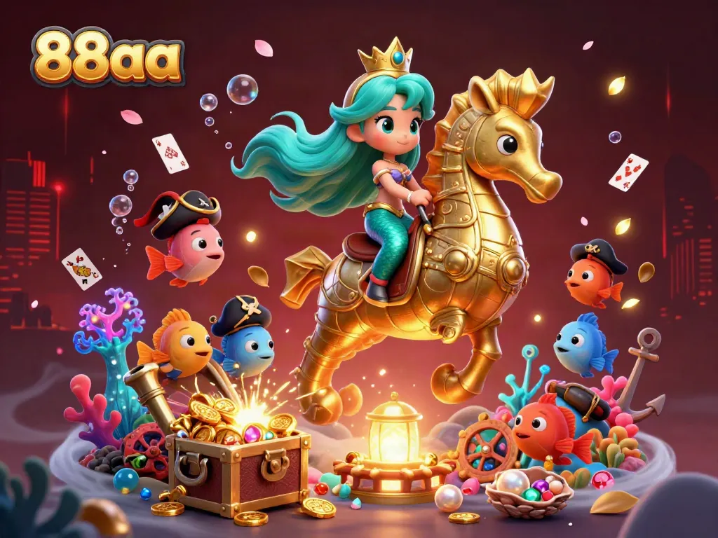 Experience immersive gameplay with 88aa in this vibrant underwater casino scene featuring a mermaid, seahorse, and treasure.
