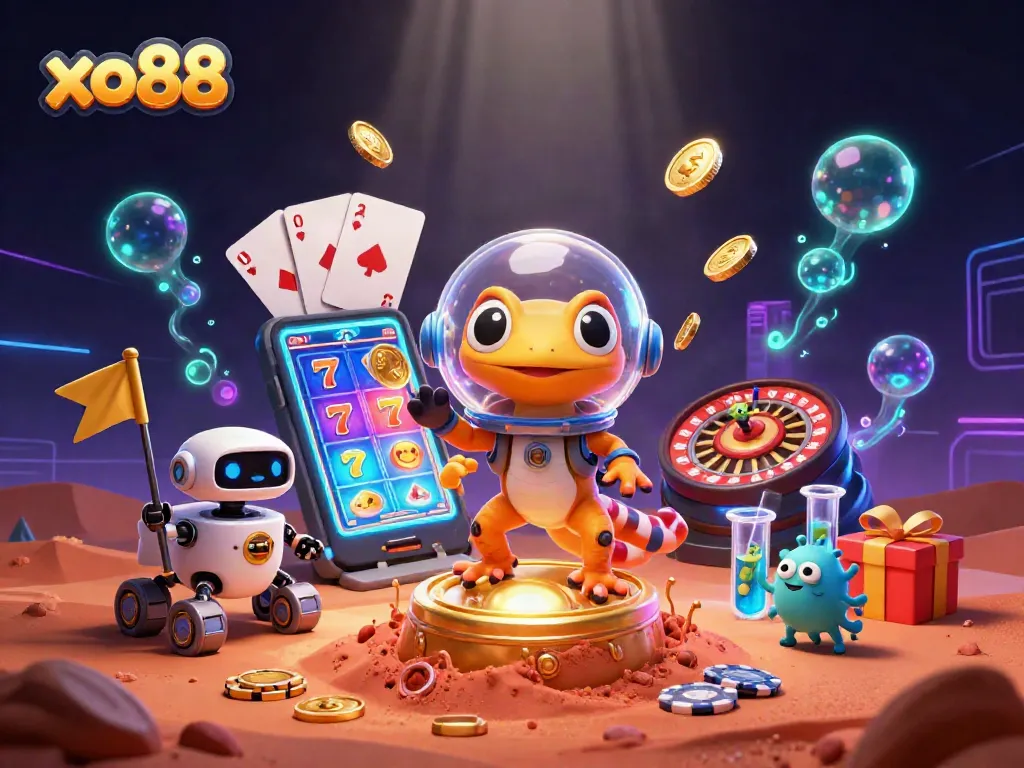 Experience the exciting world of xo88 as a Martian gecko discovers a golden casino, surrounded by thrilling gaming elements.