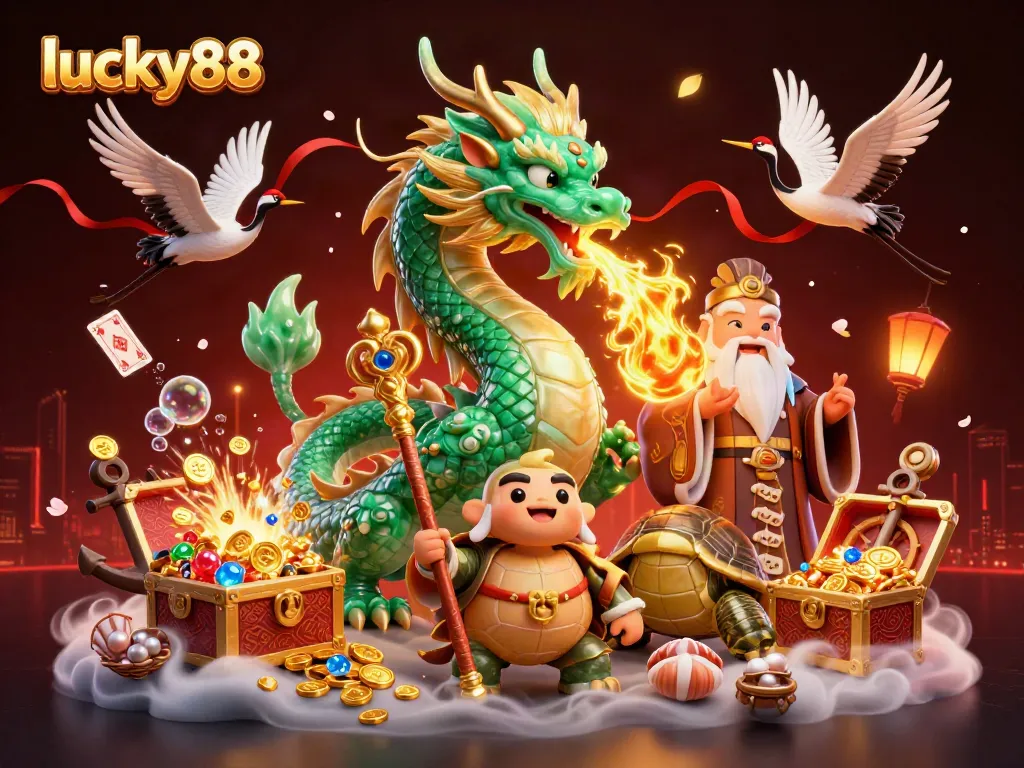 Experience the excitement of lucky88 with a dragon and sage amid colorful casino treasures.