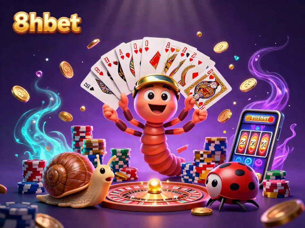Experience the thrill of 8xbet with an animated scene of a millipede dealer and high-roller snail.