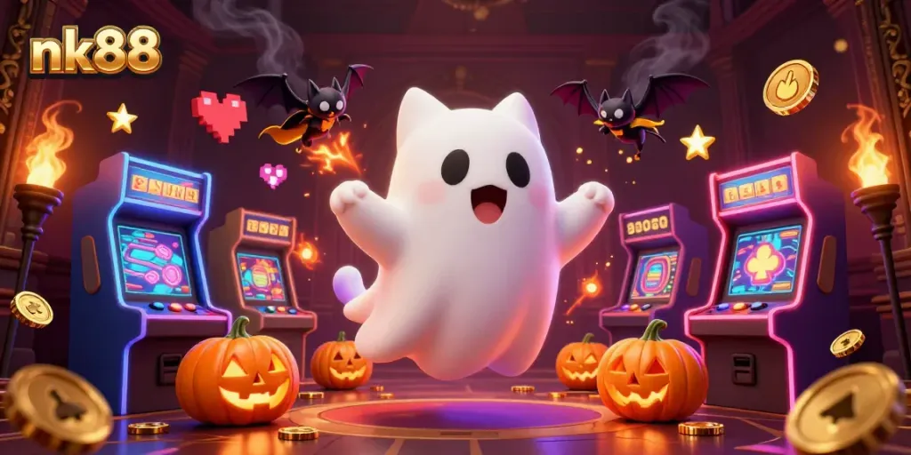 Engage with nk88's thrilling gaming experience amidst luminous haunted casino elements.