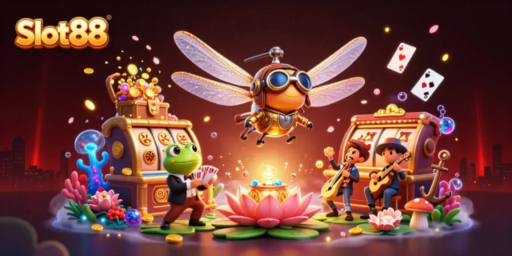 Watch a dragonfly pilot above a Lily Pad casino while experiencing the visual feast of Slot88.