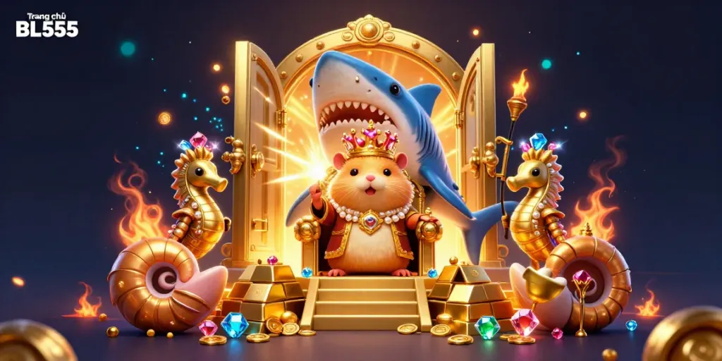 Engage with the vibrant gaming world at Trang chủ BL555 featuring a golden hamster king on a megalodon throne.