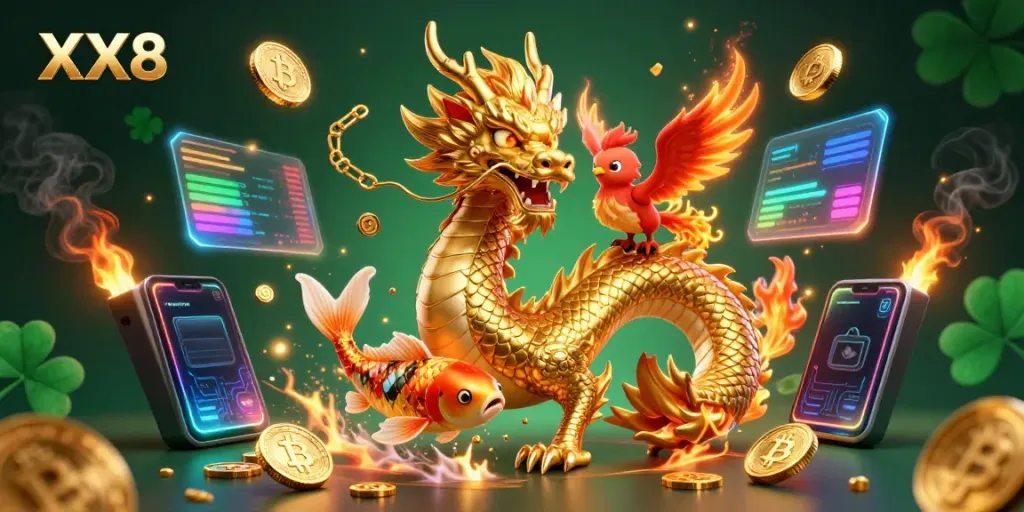 Experience the allure of XX8 through an enchanting 3D scene featuring a golden dragon and lucky symbols.