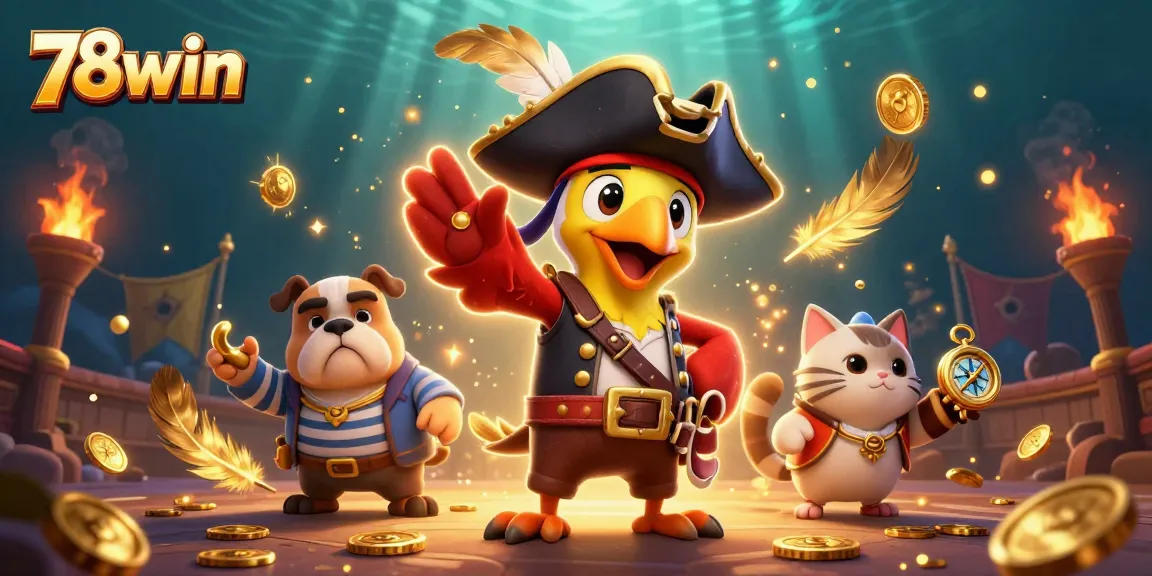 Engage with 78win's vibrant pirate-themed casino adventure showcasing golden coins, tokens, and animated characters.