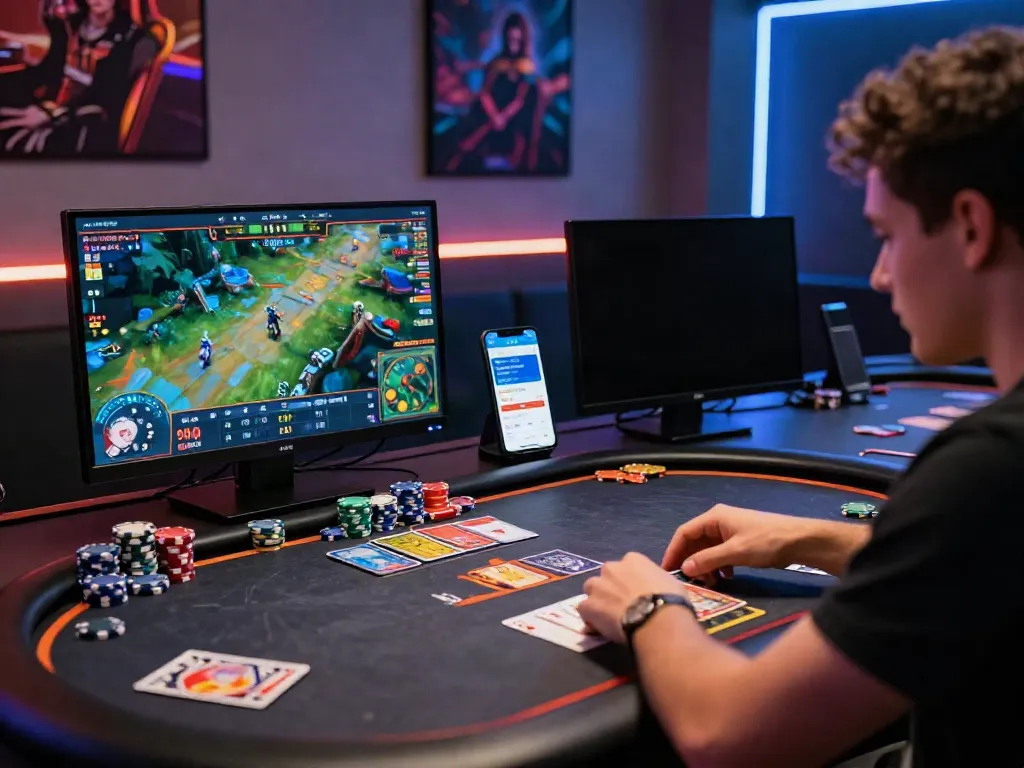Player engaged in online gaming at https://sunwint4.com/, surrounded by vibrant visuals and gaming tools.