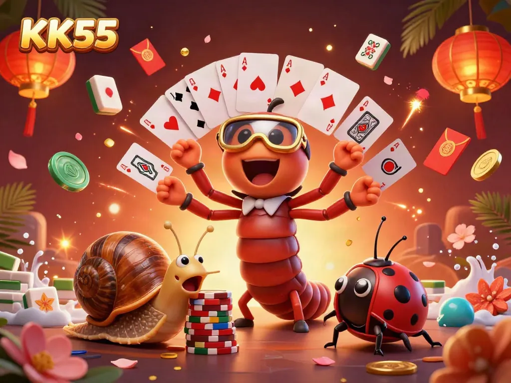 Experience dynamic gaming action at KK55 with a vibrant 3D casino scene illustrating excitement and joy.