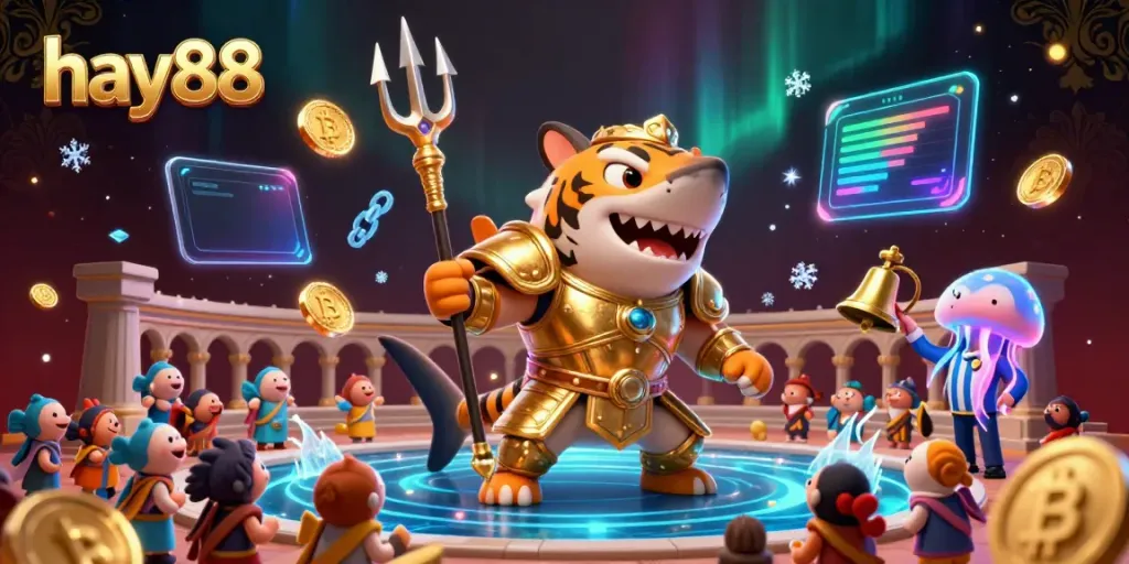 Win big with hay88 in this vibrant underwater casino scene featuring colorful crypto elements.