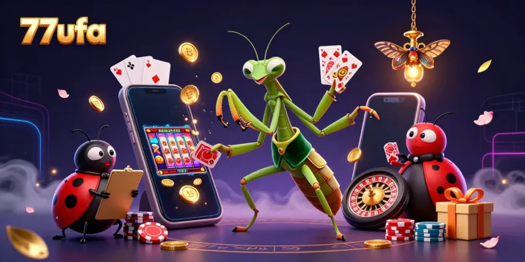 Experience the vibrant casino energy at 77ufa with a 3D mantis card sharp and ladybug pit boss.