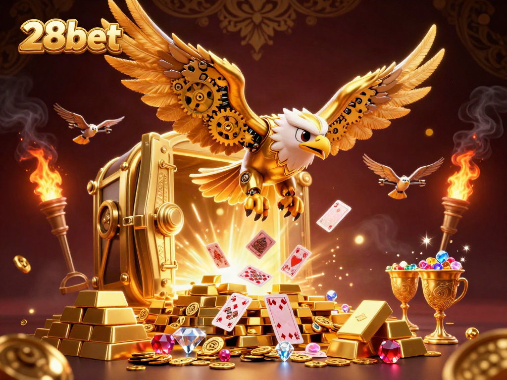 Experience thrilling wins at 28bet while the golden eagle dives through a cascade of playing cards.