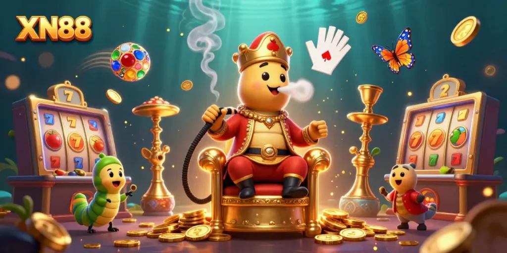 XN88 slot game visual with golden coins, vibrant caterpillar character, and slot elements