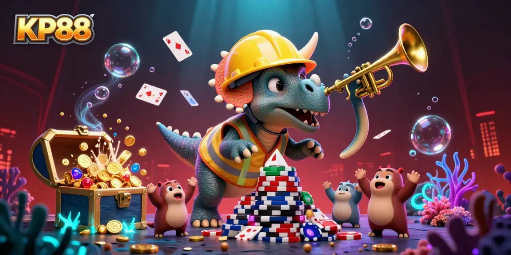 Experience the magic of KP88 with a triceratops building poker chips amidst underwater treasures and bioluminescence.