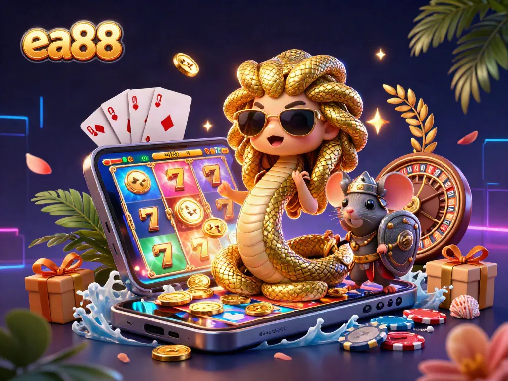 Engage with thrilling casino action at ea88 with a vibrant scene of cute characters and dynamic slot games.