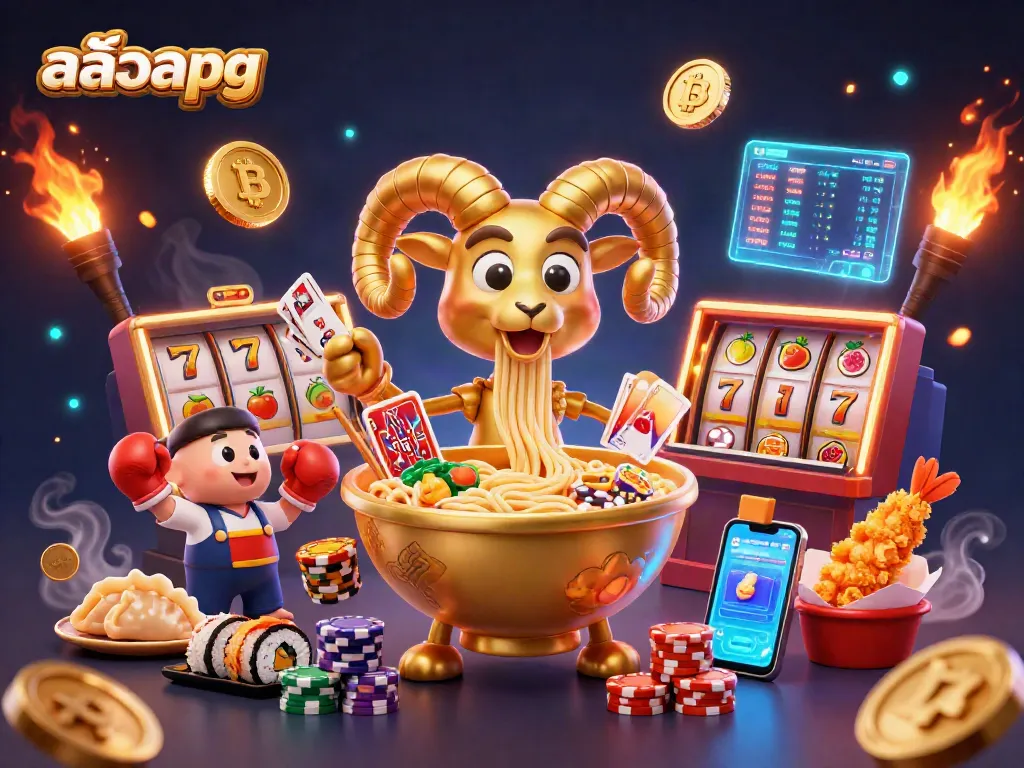Engage with สล็อตpg through a vibrant 3D illustration featuring a golden ramen bowl, slot reels, and crypto elements.