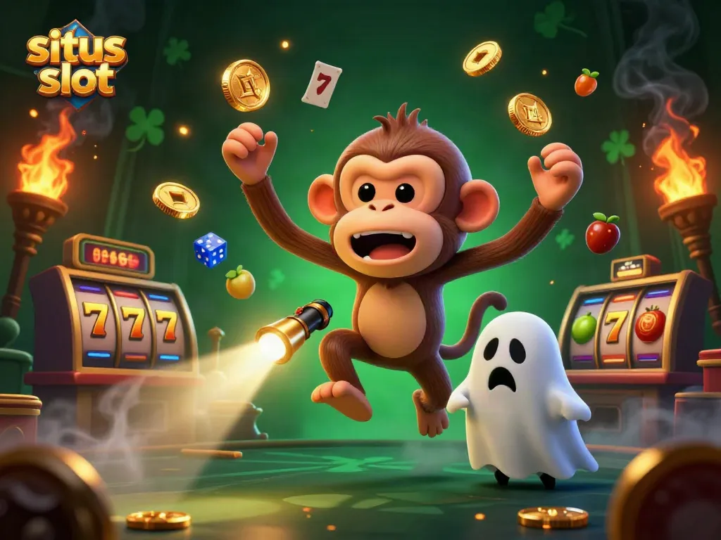 Situs slot illustration featuring a mischievous monkey juggling golden coins and a curious puppy tracking it in a haunted casino.