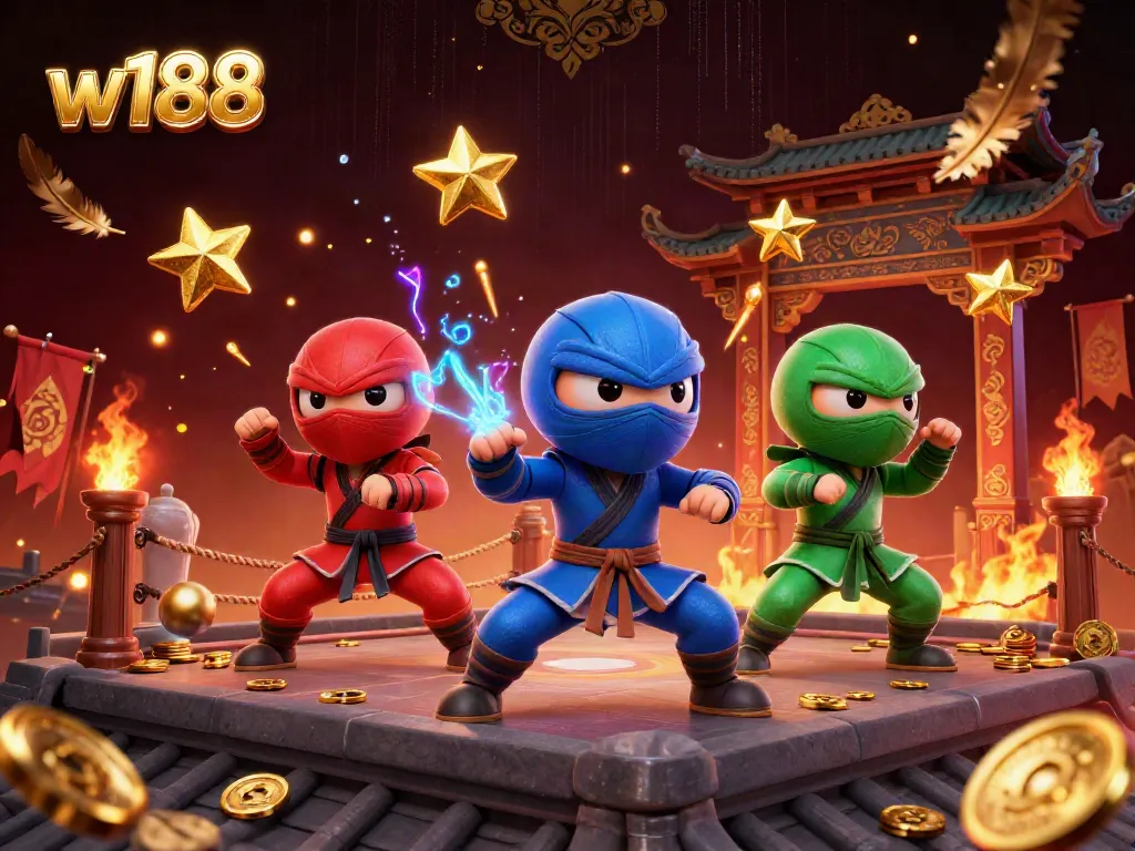 Experience thrilling gaming action with w188 as chameleon ninjas showcase martial arts in a vibrant casino setting.